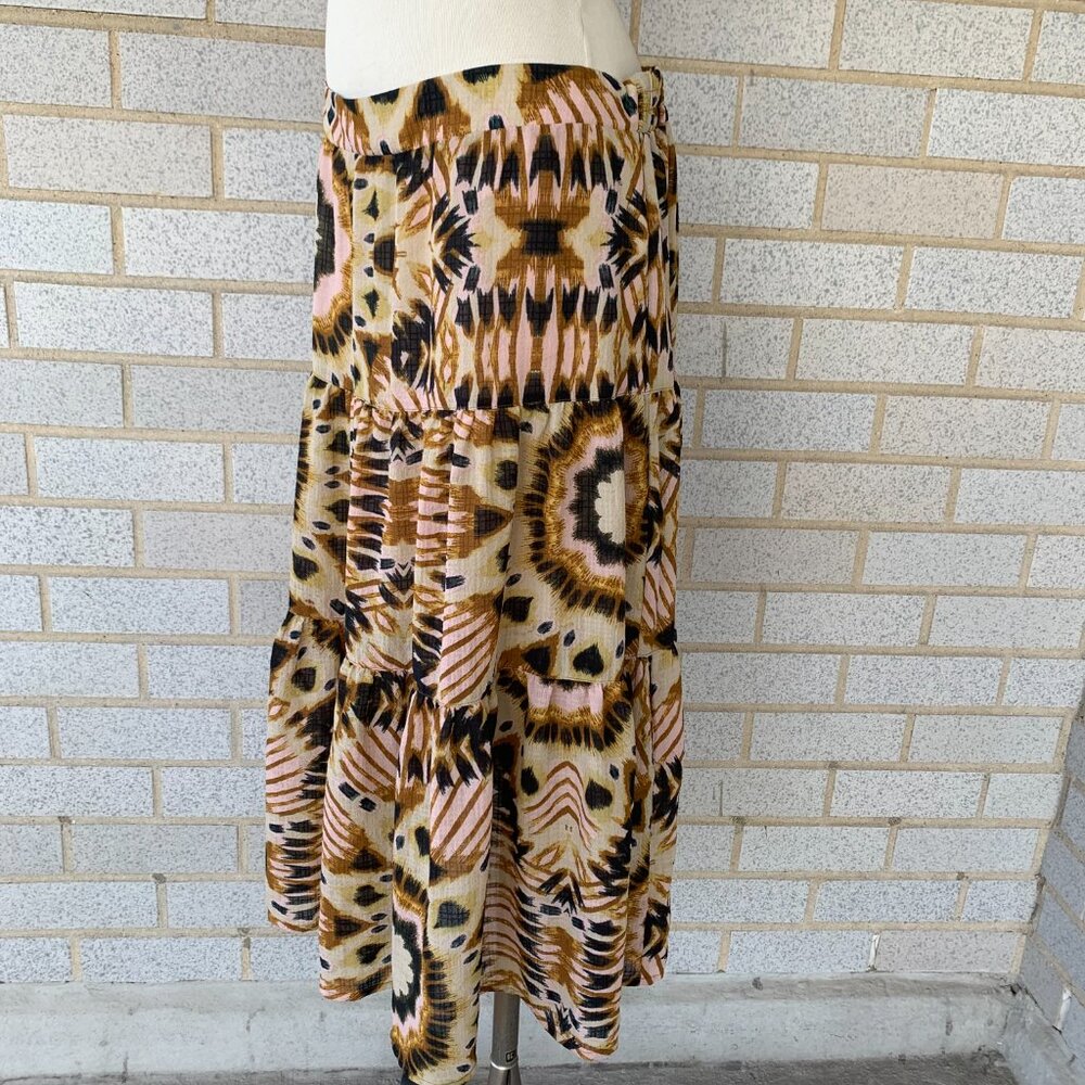 RACHEL ZOE ABSTRACT TIERED MAXI PRAIRIE SKIRT SIZE L HALF LINED PINK BROWN - Picture 7 of 9